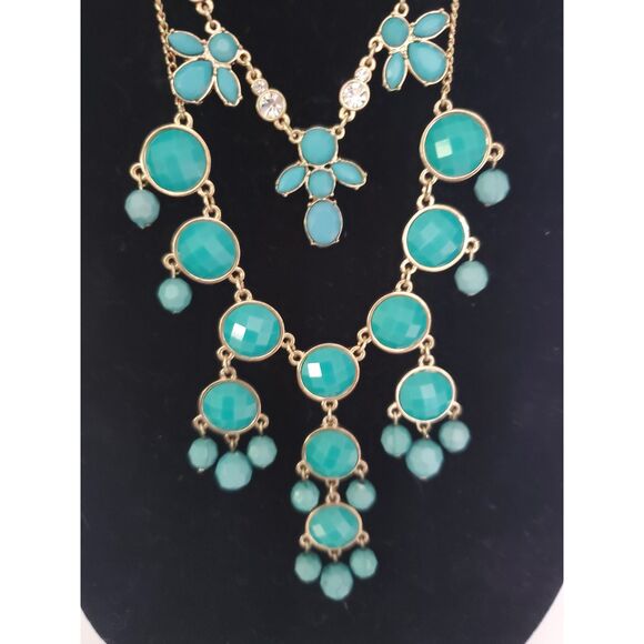Acrylic And Rhinestone Layered Necklace Boho Statement Evening Turquoise Blue - Picture 4 of 8